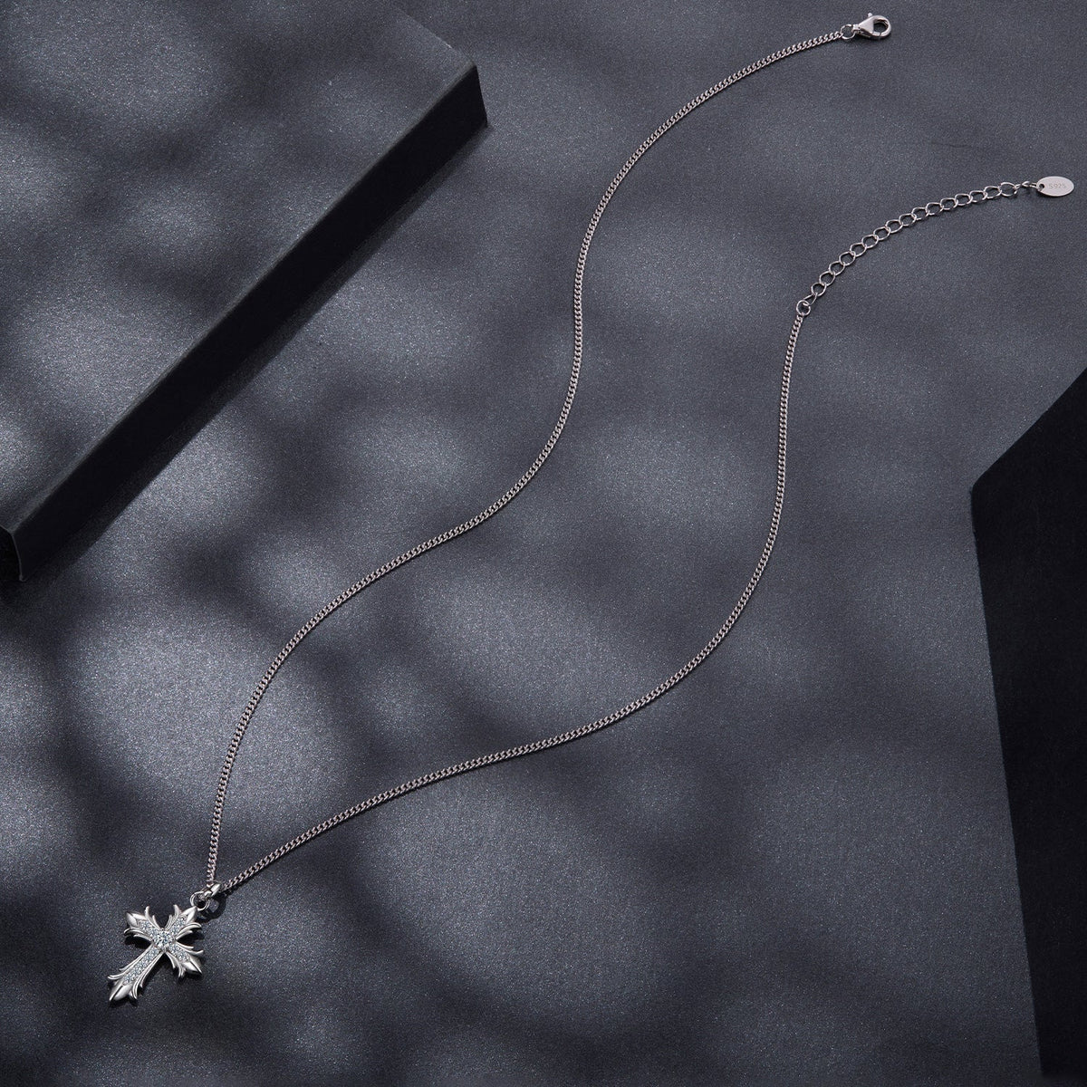 Necklace 925 sterling silver plated moissanite cross pendant with curb chain 40+5 cm on Tampa Home & Garden Store