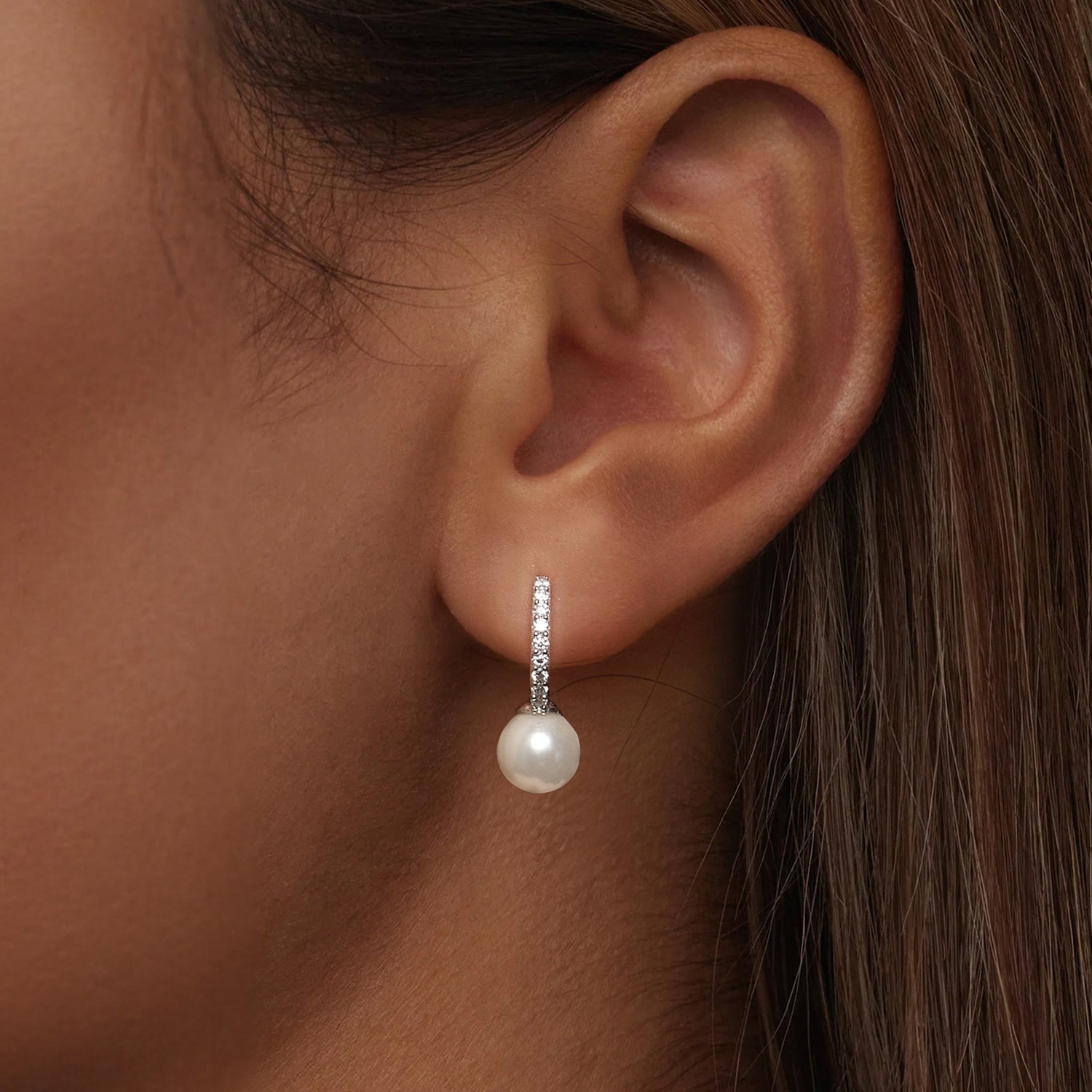Earrings 925 Sterling Silver Moissanite with Shell Pearl drop, pave hoop, Bids.com on Tampa Home & Garden Store
