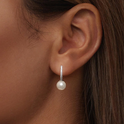 Earrings 925 Sterling Silver Moissanite with Shell Pearl drop, pave hoop, Bids.com on Tampa Home & Garden Store