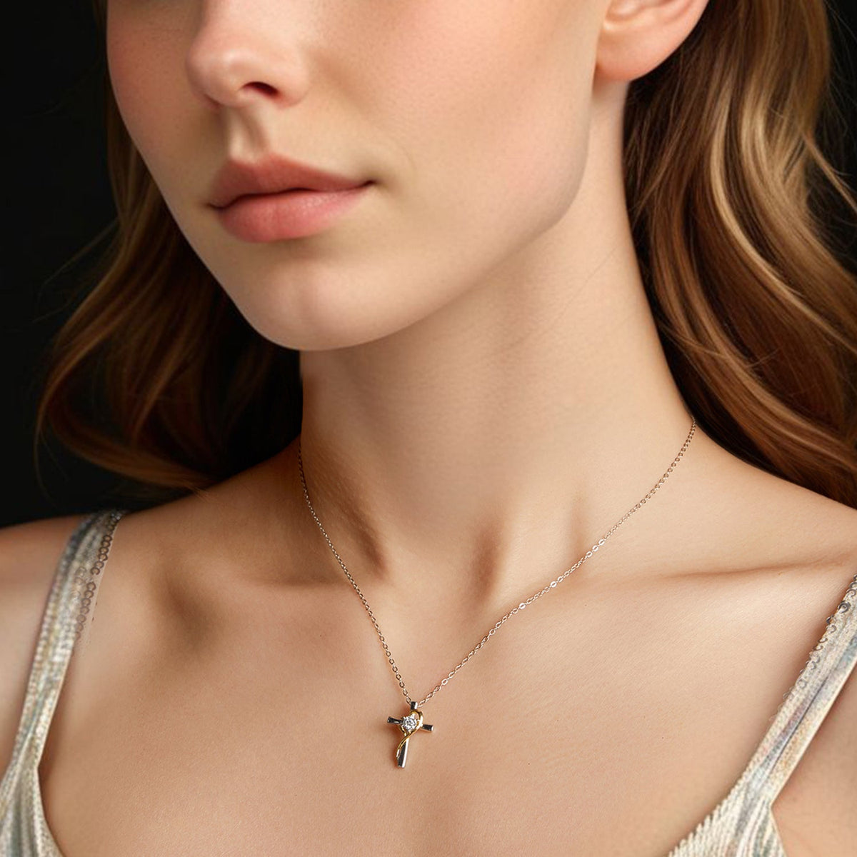 925 Sterling Silver 0.20ct Moissanite necklace with cross pendant on a model's neck on Tampa Home & Garden Store
