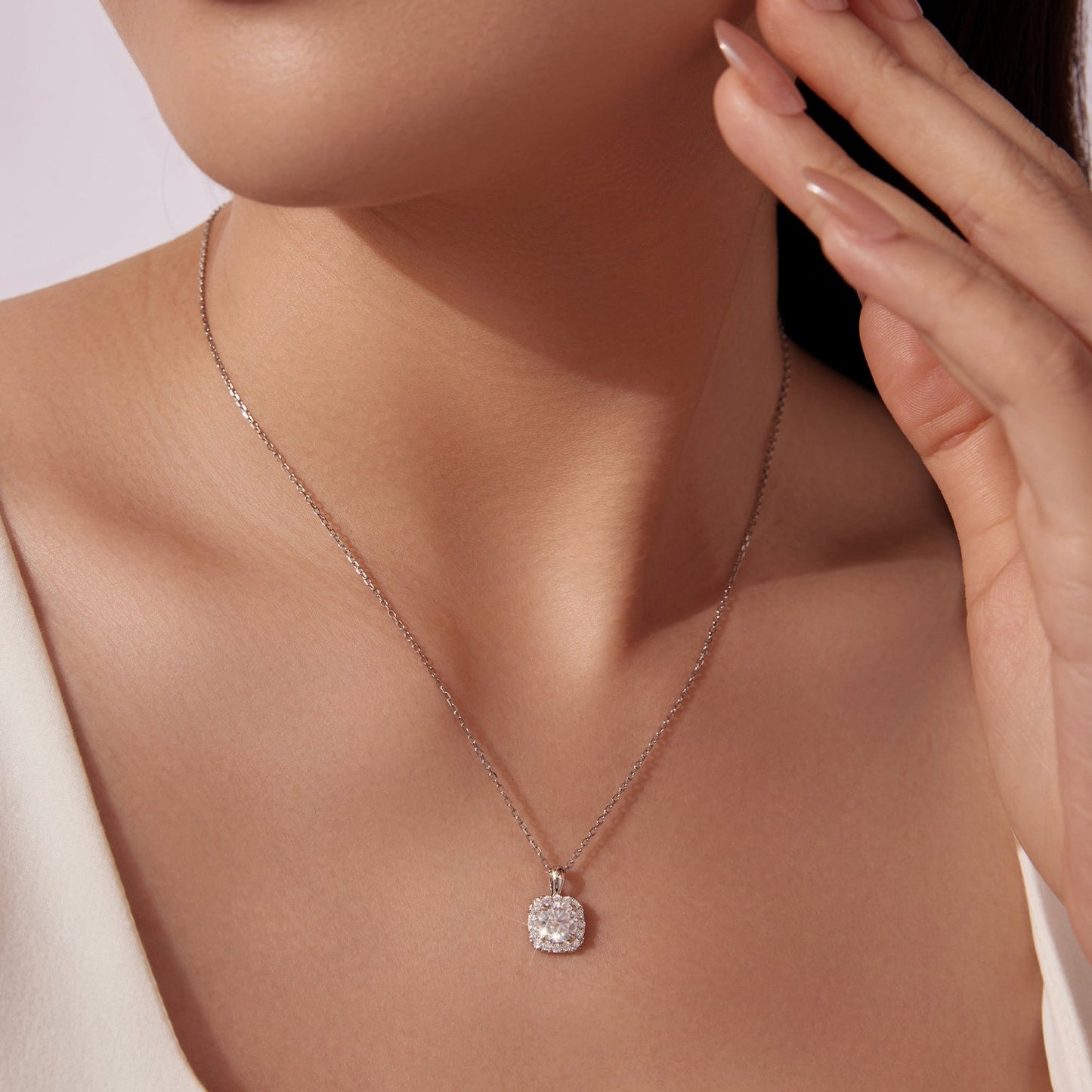 925 sterling silver moissanite pendant necklace with halo, white gold plated, 40+5cm chain on Tampa Home & Garden Store