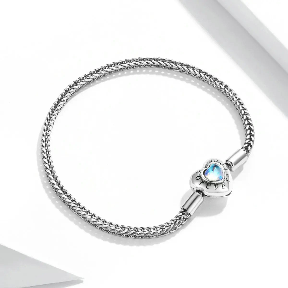 Moonstone bracelet 925 sterling silver, 17cm braided chain with heart charm and blue moonstone on Tampa Home & Garden Store
