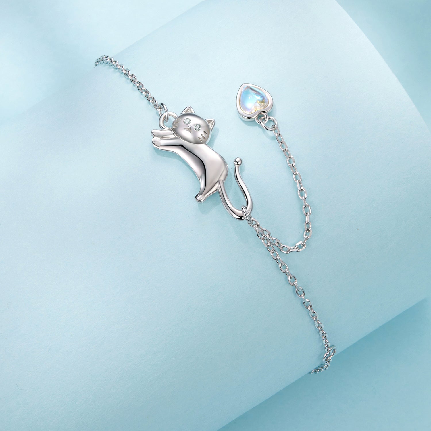 Bracelet 925 sterling silver white gold plated with cat charm and moonstone heart pendant on Tampa Home & Garden Store