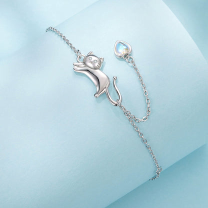 Bracelet 925 sterling silver white gold plated with cat charm and moonstone heart pendant on Tampa Home & Garden Store