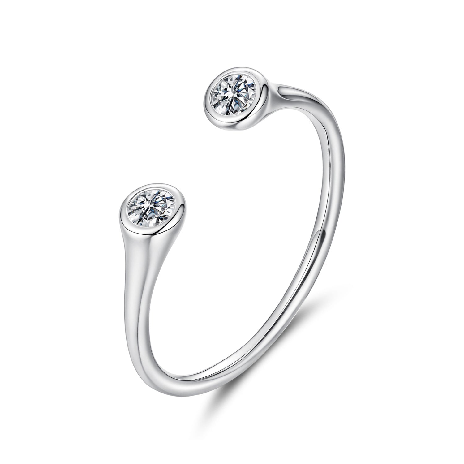 925 Sterling Silver Moissanite Ring with two bezel-set stones on an open curved band on Tampa Home & Garden Store
