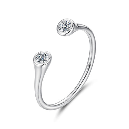 925 Sterling Silver Moissanite Ring with two bezel-set stones on an open curved band on Tampa Home & Garden Store