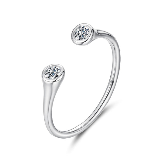 925 Sterling Silver Moissanite Ring with two bezel-set stones on an open curved band on Tampa Home & Garden Store