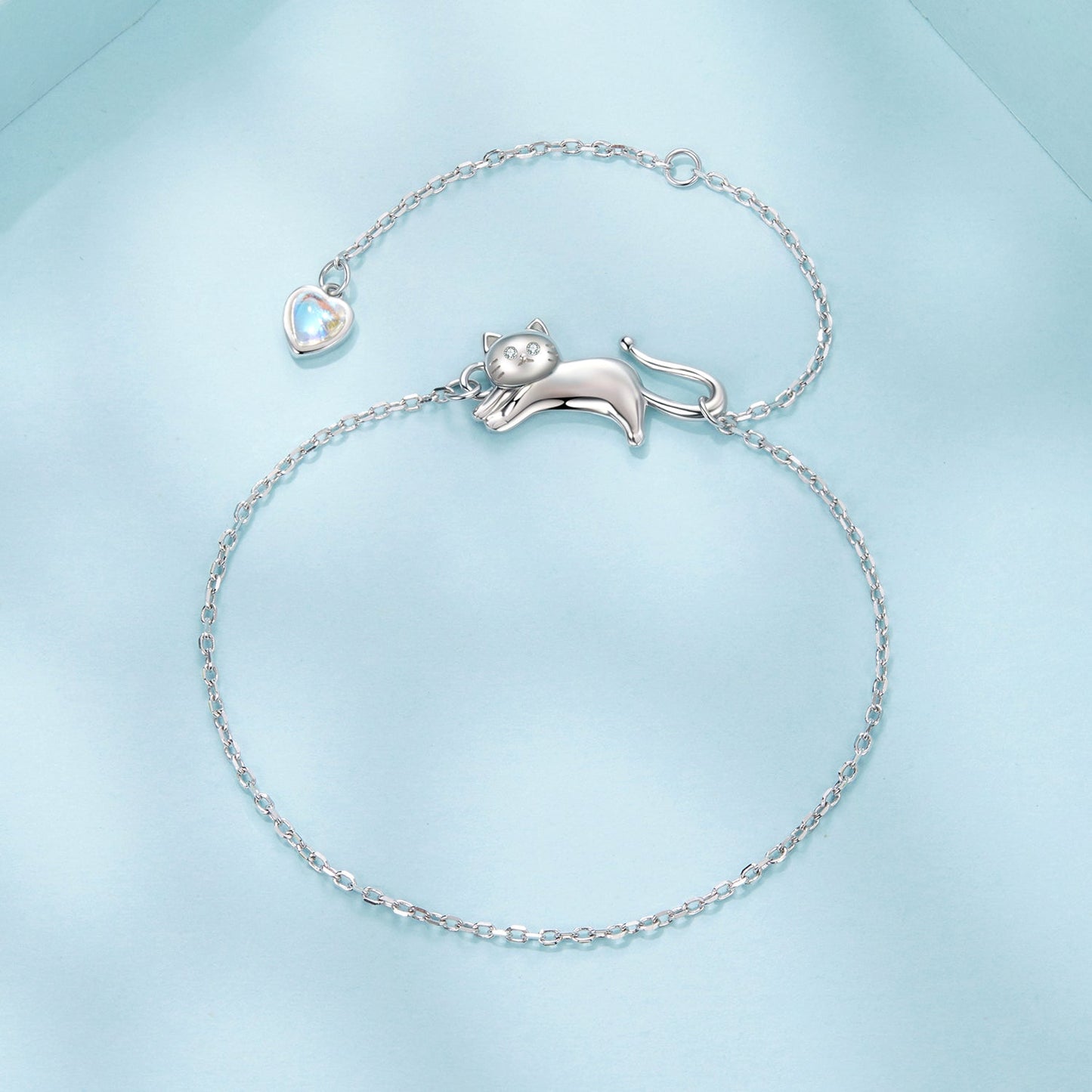Bracelet with 925 sterling silver white gold plated moonstone heart pendant and cat charm on Tampa Home & Garden Store