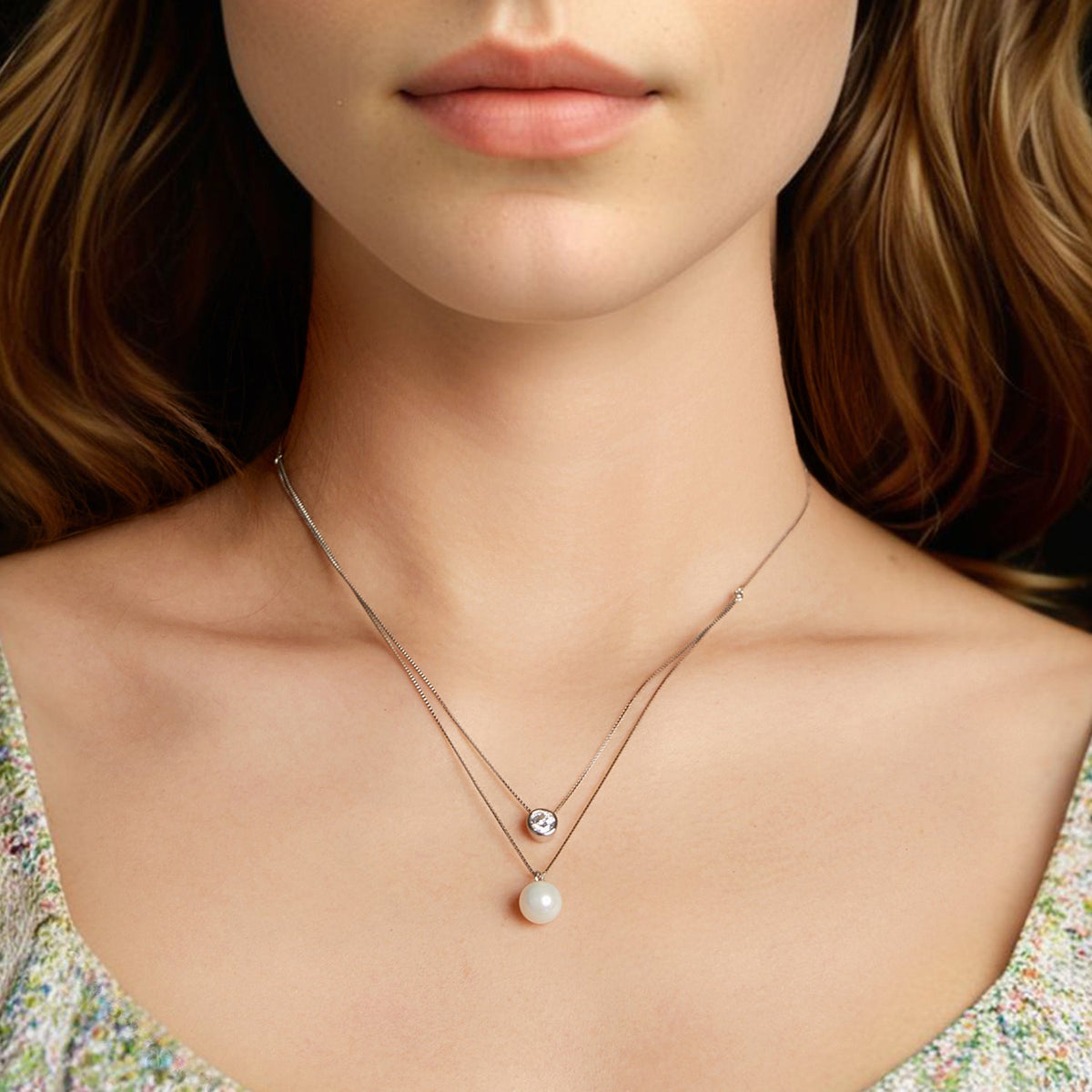 Necklace: 925 Sterling Silver moissanite & shell pearl twochain with moissanite & pearl pendants on Tampa Home & Garden Store