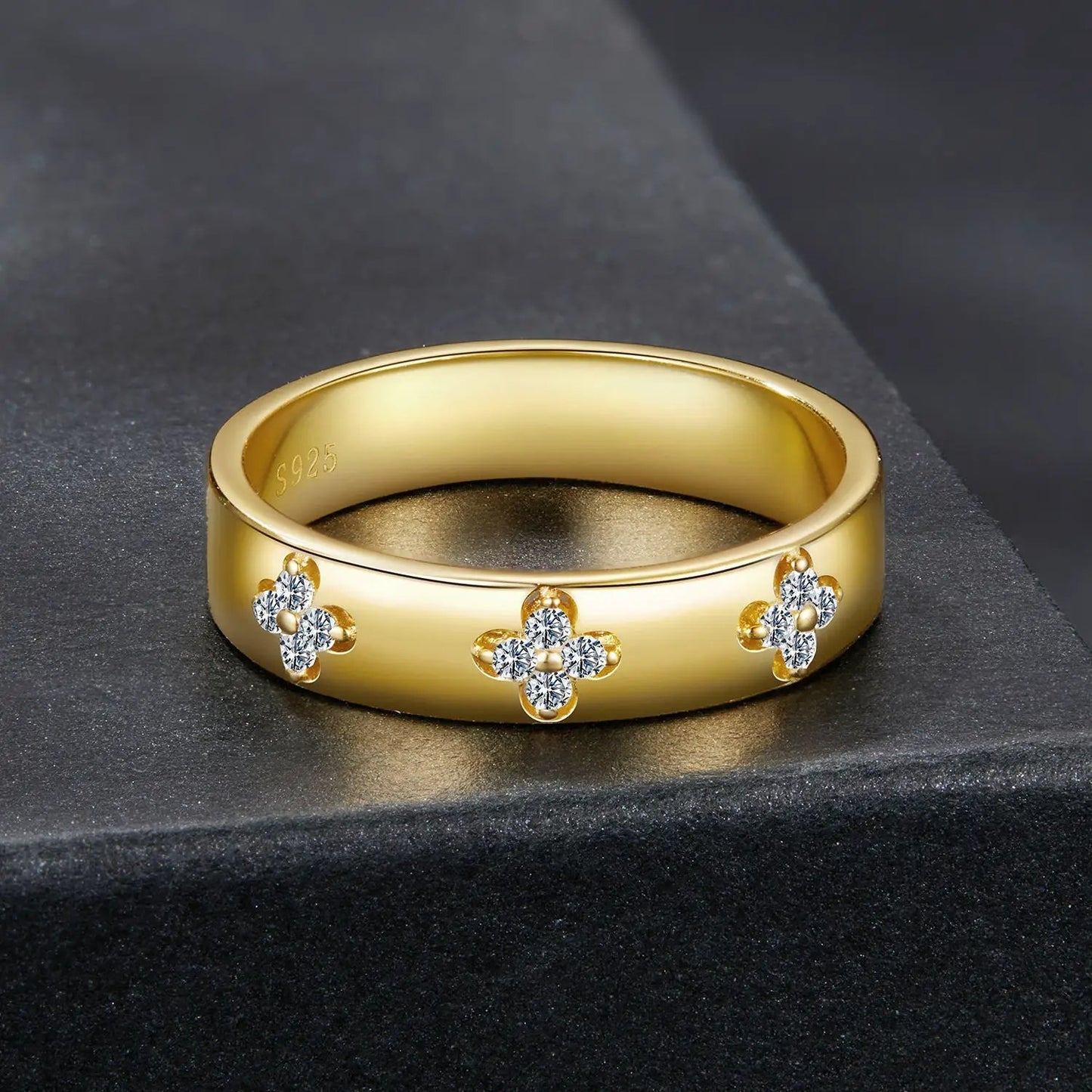 Ring Gold plated 925 sterling silver moissanite for women, size 6 with three floral clusters on Tampa Home & Garden Store