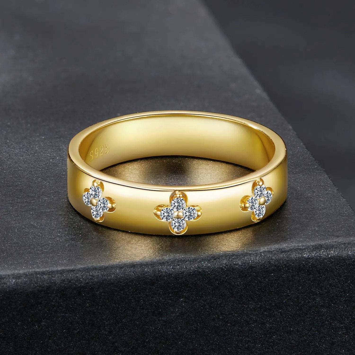 Ring Gold plated 925 sterling silver moissanite for women, size 6 with three floral clusters on Tampa Home & Garden Store