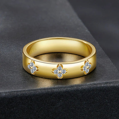 Ring Gold plated 925 sterling silver moissanite for women, size 6 with three floral clusters on Tampa Home & Garden Store