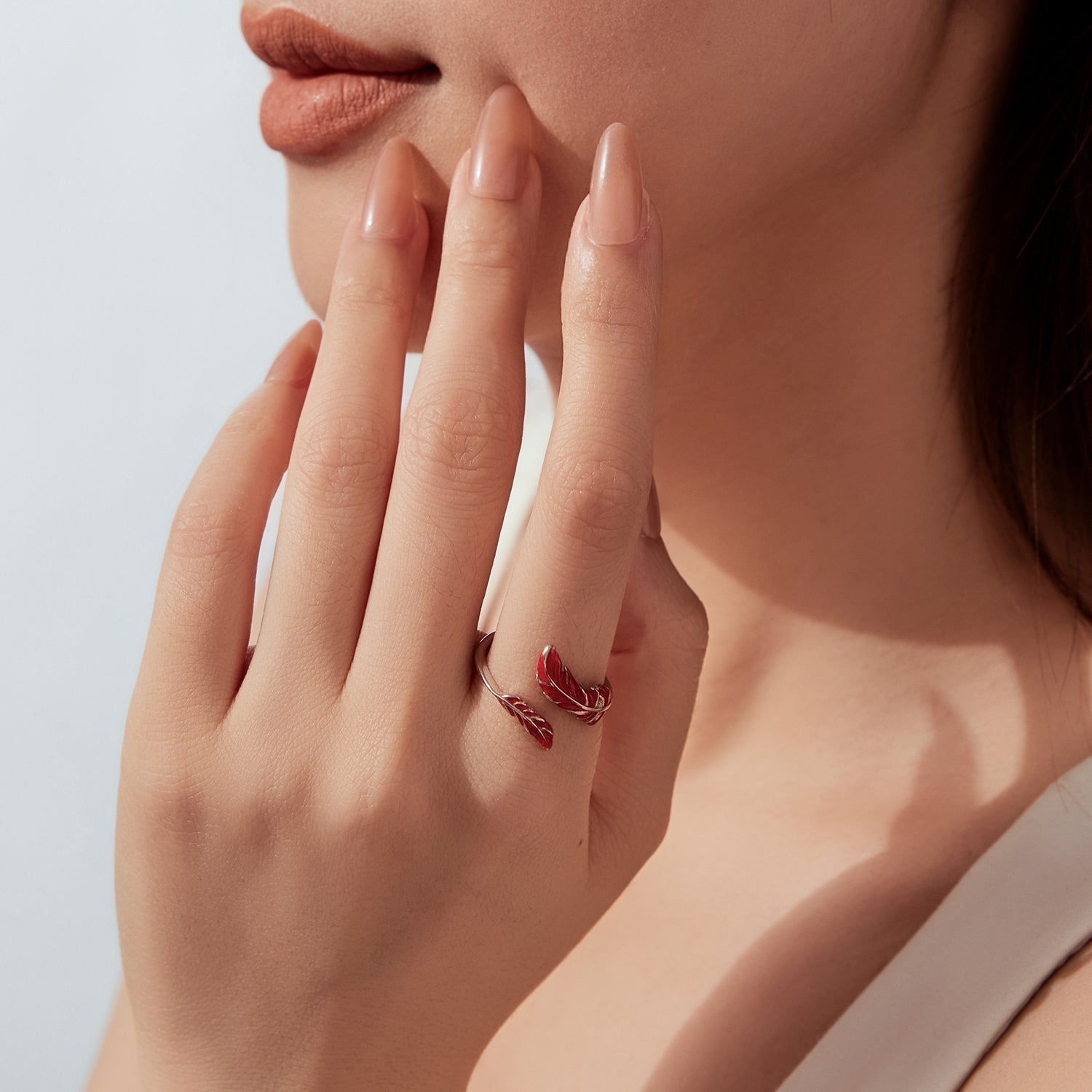 925 Sterling Silver Ring with White Gold Plating, red enamel leaf detail on Tampa Home & Garden Store