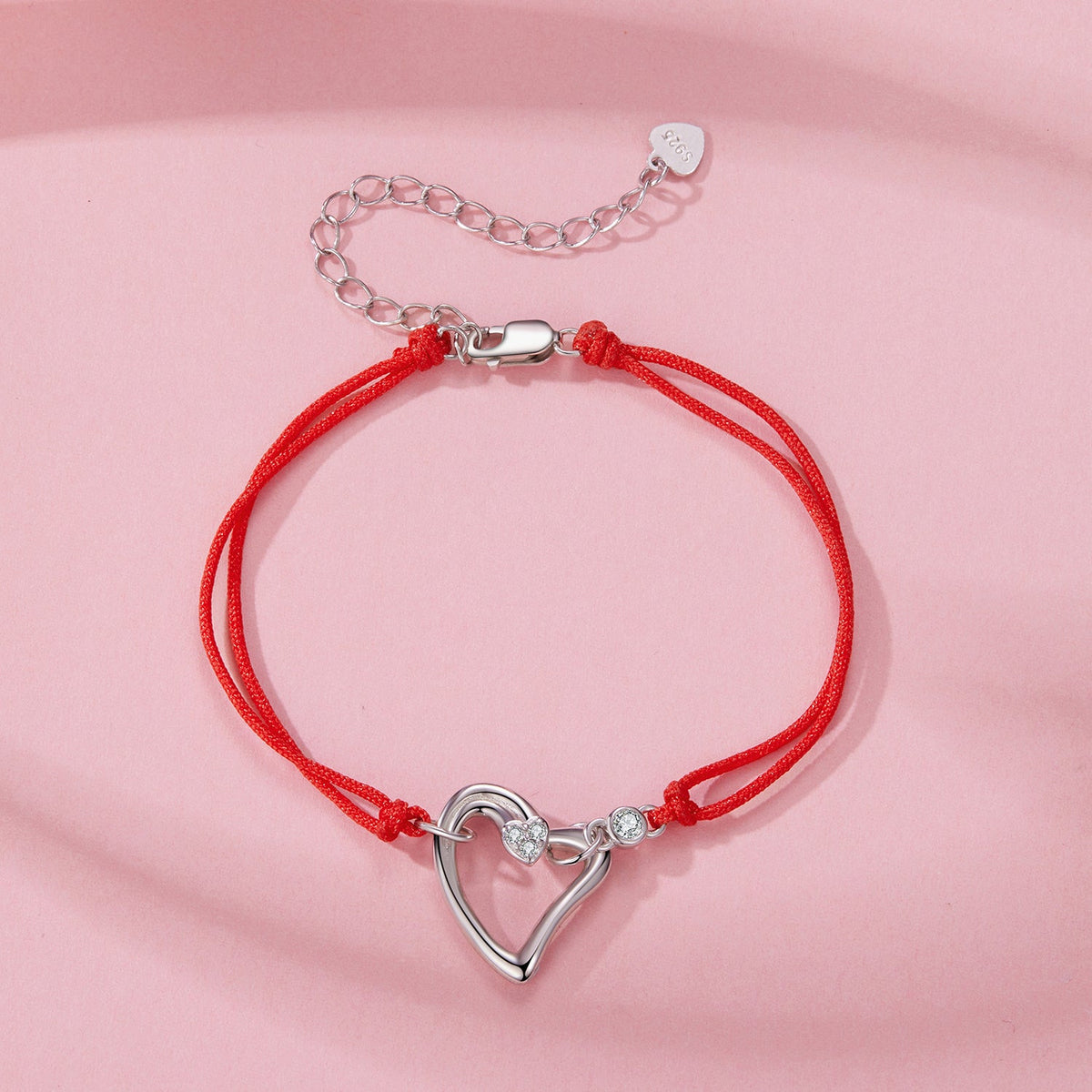 Bracelet red cord with 925 sterling silver heart pendant and CZ pavé accents, adjustable 15+6cm on Tampa Home & Garden Store