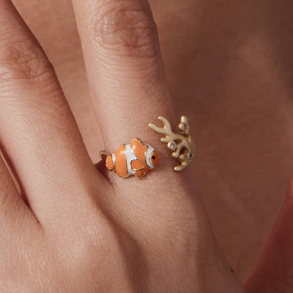 Ring set with orange clownfish enamel and coral branch design on gold-plated silver band on Tampa Home & Garden Store
