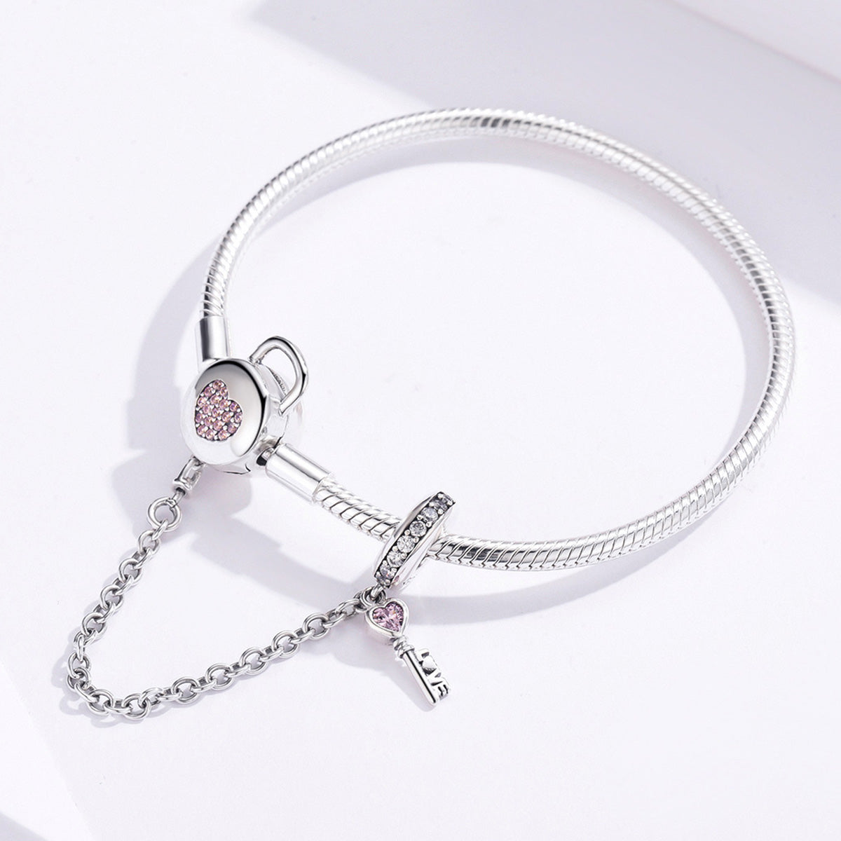 Bracelet 925 sterling silver for women with pink heart padlock charm and key pendant on Tampa Home & Garden Store