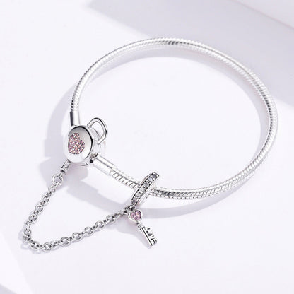 Bracelet 925 sterling silver for women with pink heart padlock charm and key pendant on Tampa Home & Garden Store