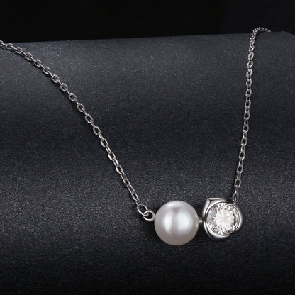 Necklace 925 Sterling Silver with freshwater pearl and moissanite, white gold tone, 45cm length on Tampa Home & Garden Store