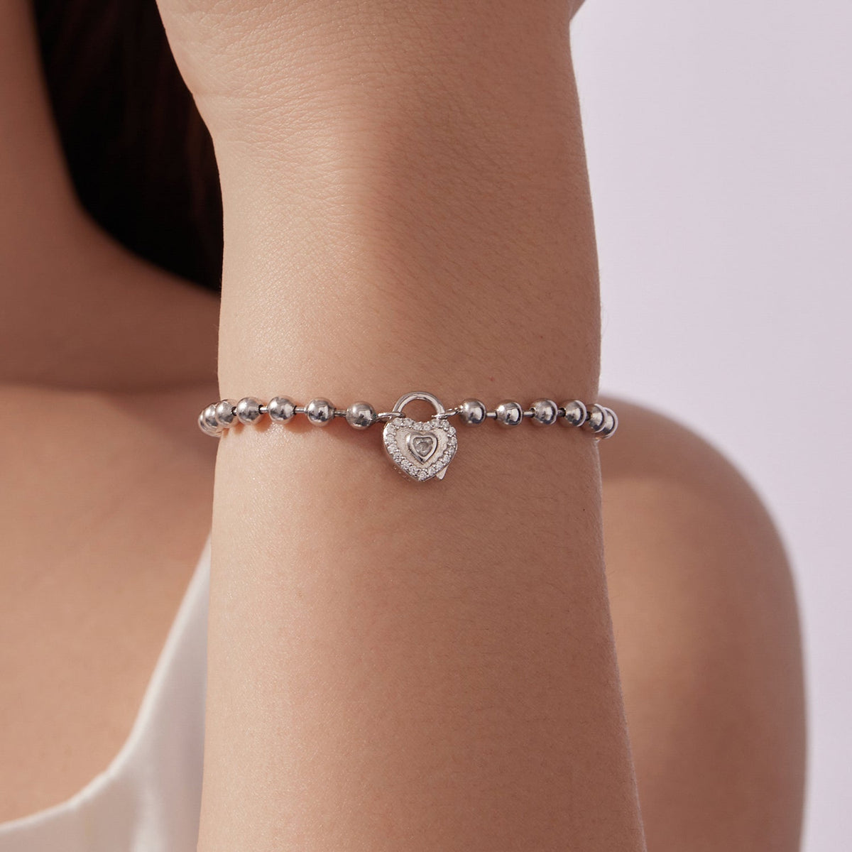 Bracelet 17cm sterling silver white gold plated with CZ pave heart charm bead chain by Bids.com on Tampa Home & Garden Store