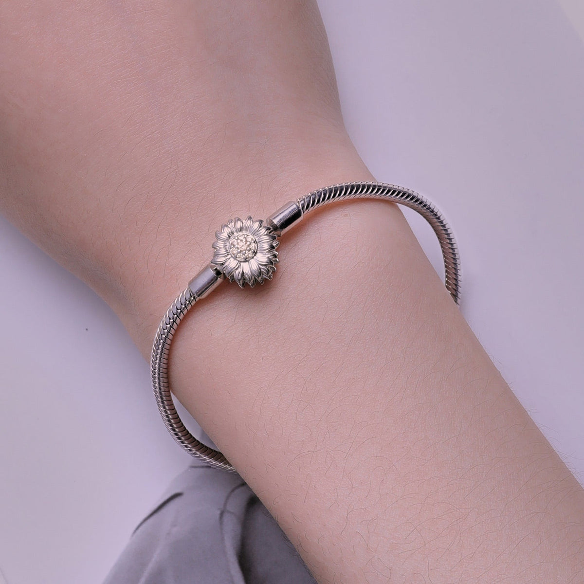 Bracelet 925 sterling silver pavé CZ sunflower, 170mm length, 3mm snake chain, by Bids.com on Tampa Home & Garden Store