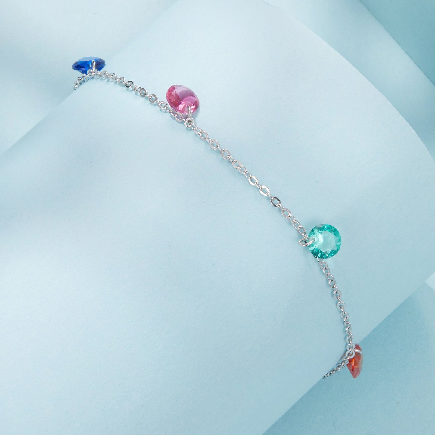 Bracelet 925 sterling silver white gold plated pavé CZ colored crystals on 16+5 cm chain on Tampa Home & Garden Store