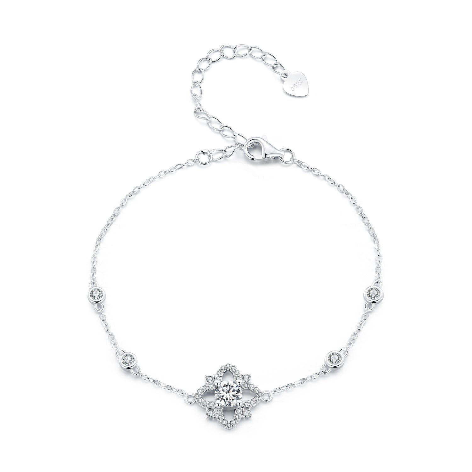 Bracelet S925 sterling silver moissanite centerpiece with floral halo, adjustable 16cm+5cm on Tampa Home & Garden Store