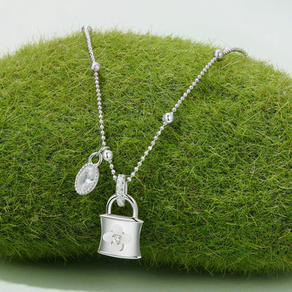 925 Sterling Silver White Gold plated necklace with CZ and nacre; padlock charm pendant on chain on Tampa Home & Garden Store