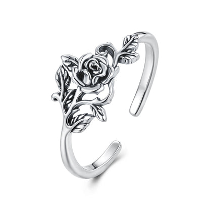 Ring 925 Sterling Silver Oxidized Rose with Leaves, adjustable ring, women's jewelry on Tampa Home & Garden Store