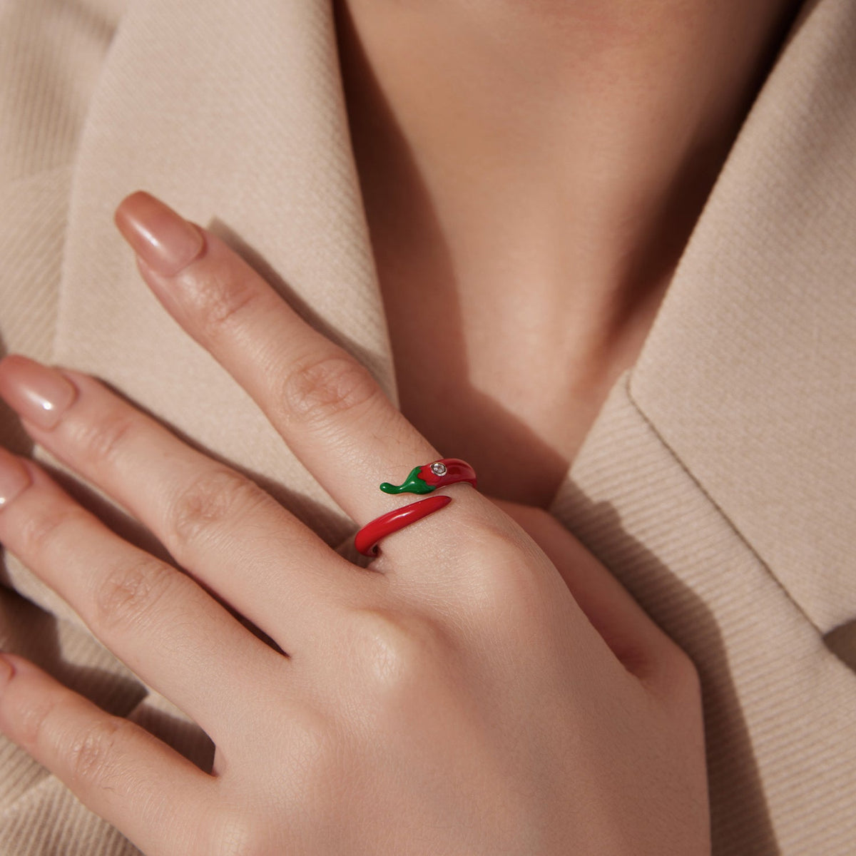 Ring red enamel snake with green leaf and tiny crystal on band on Tampa Home & Garden Store