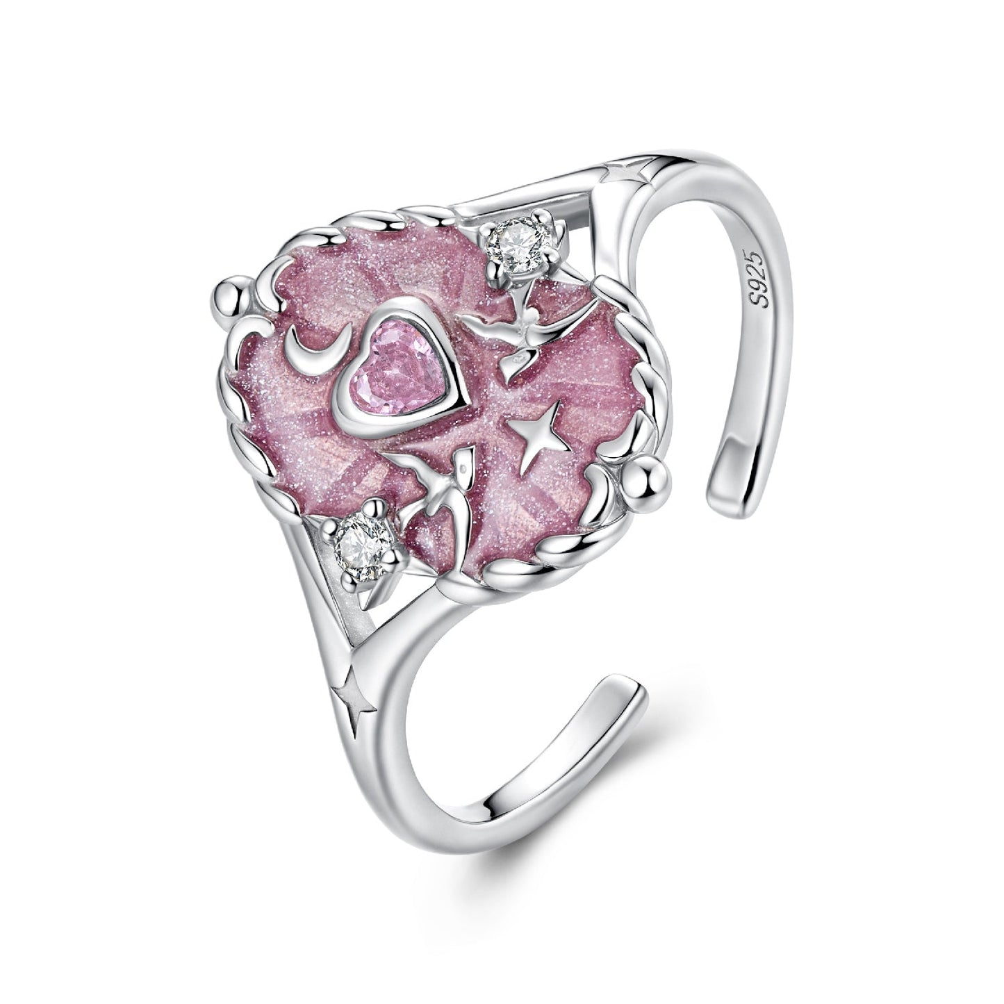 Ring Bids.com: 925 sterling silver with pink enamel and heart CZ centerpiece on Tampa Home & Garden Store