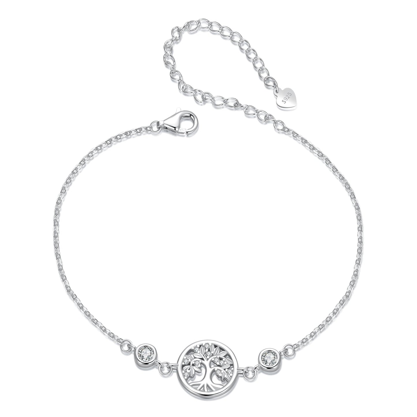 Bracelet 925 sterling silver white gold plated with CZ tree of life pendant, S925 extender chain on Tampa Home & Garden Store
