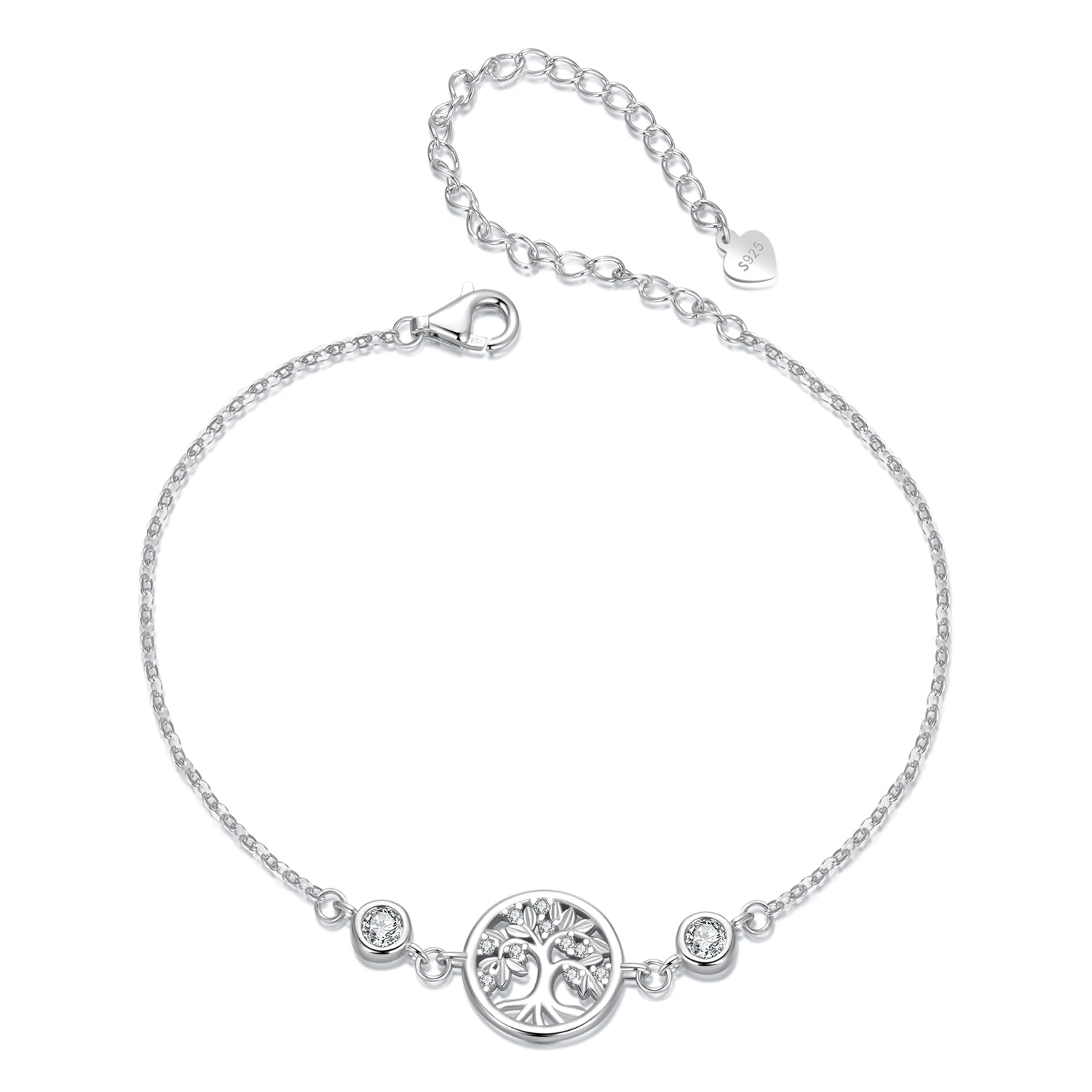 Bracelet 925 sterling silver white gold plated with CZ tree of life pendant, S925 extender chain on Tampa Home & Garden Store