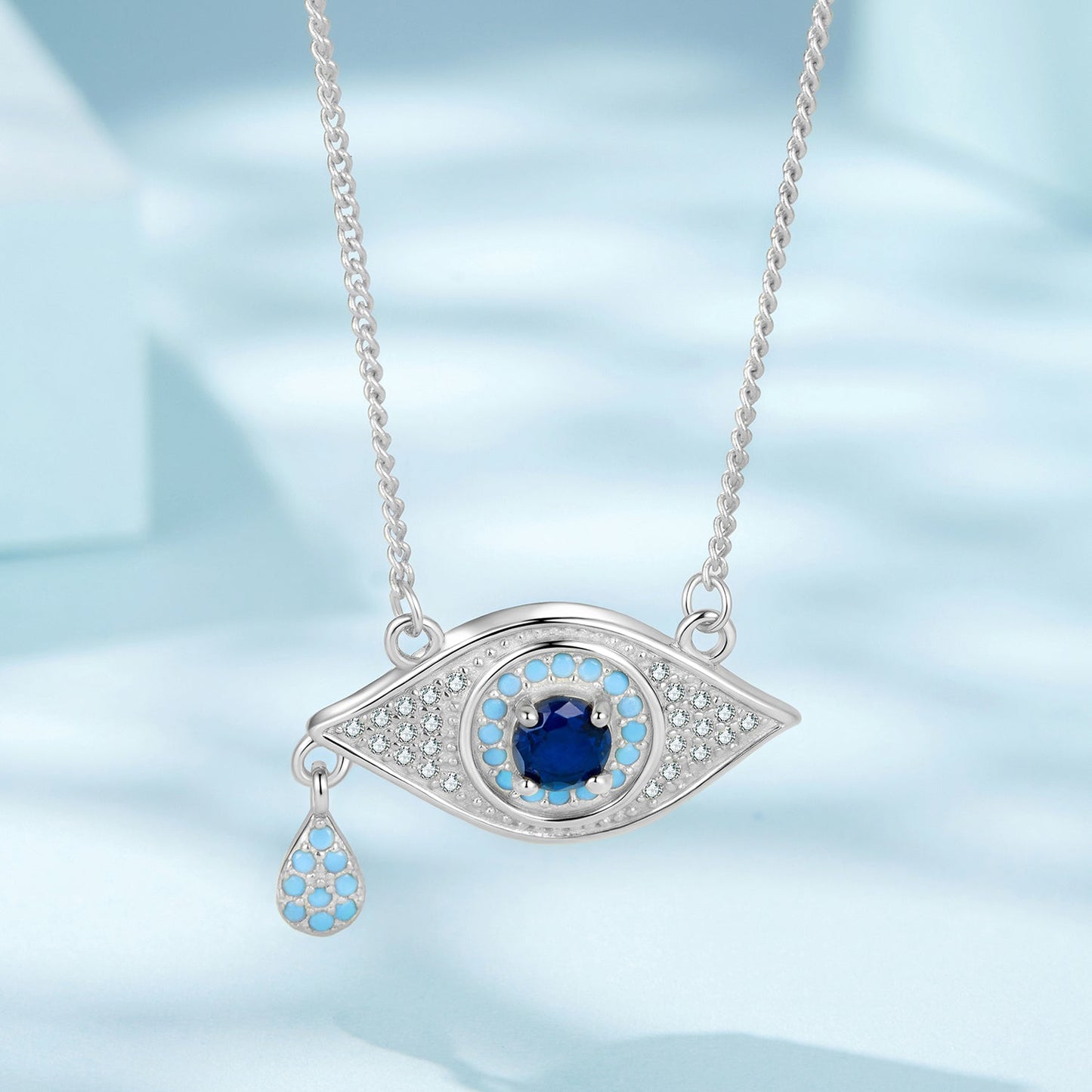 Sterling silver eye pendant necklace with blue gem on 40+5cm chain turquoise teardrop charm on Tampa Home & Garden Store