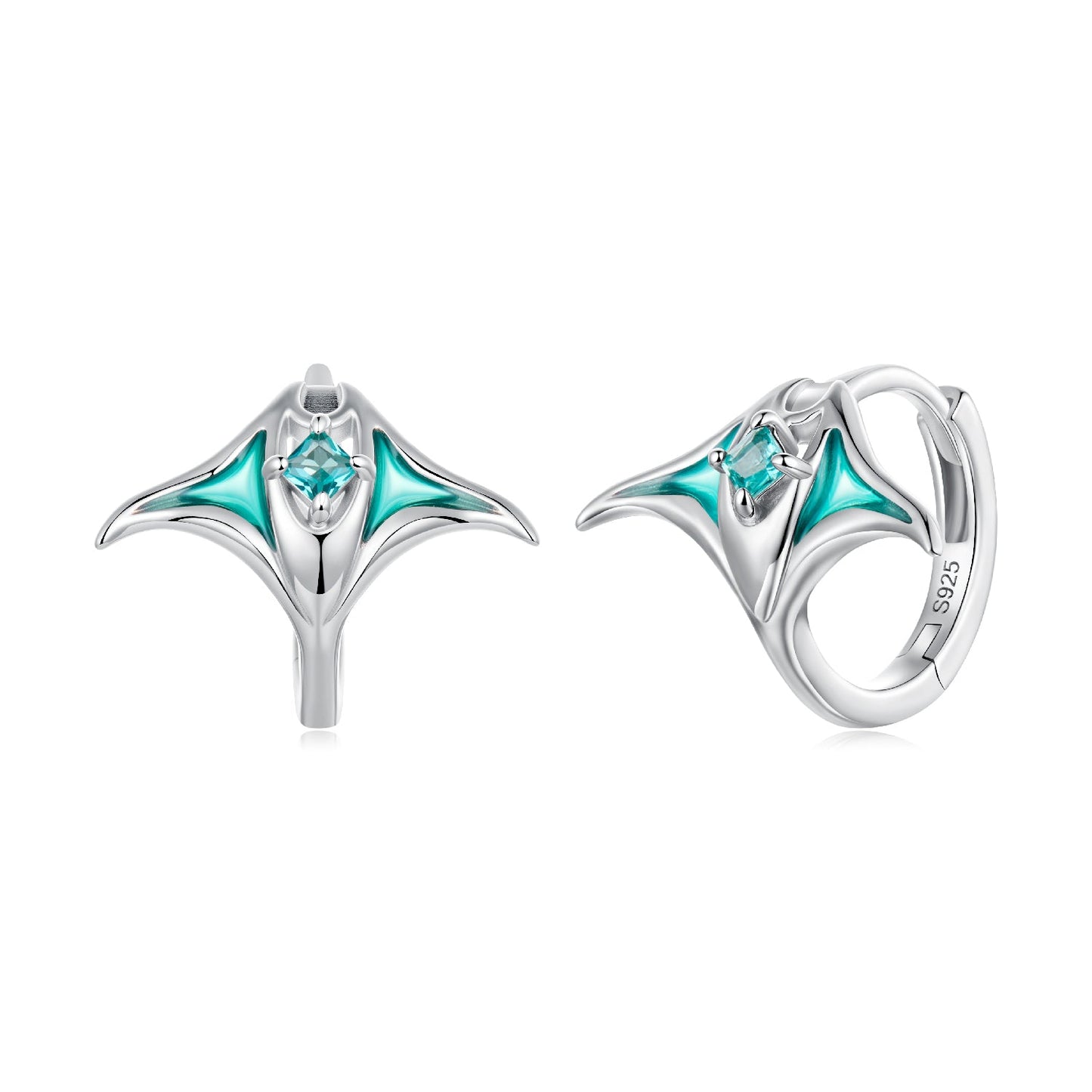 Sterling silver 925 earrings with teal enamel wing accents and a blue square gemstone 1.3x1.5cm on Tampa Home & Garden Store