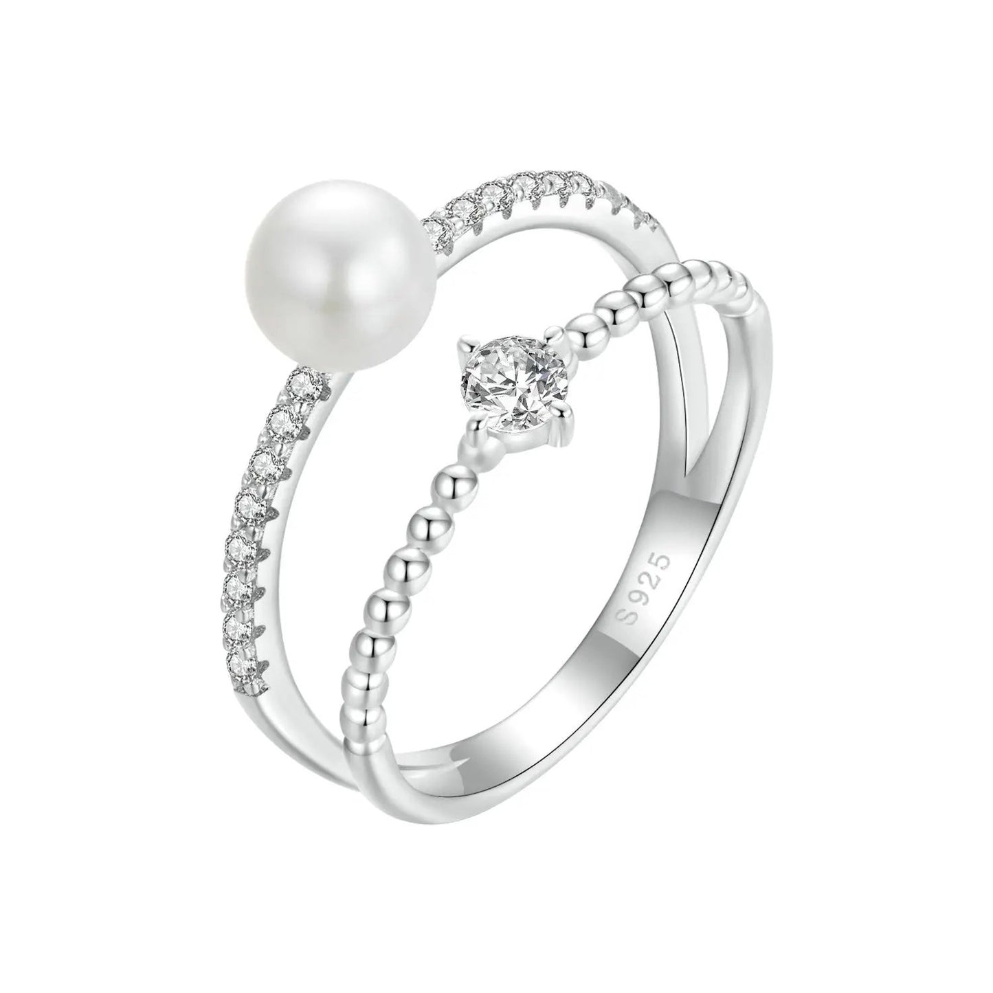 Sterling silver 3ring stack with freshwater pearl, moissanite center and pave bands, size 6 on Tampa Home & Garden Store
