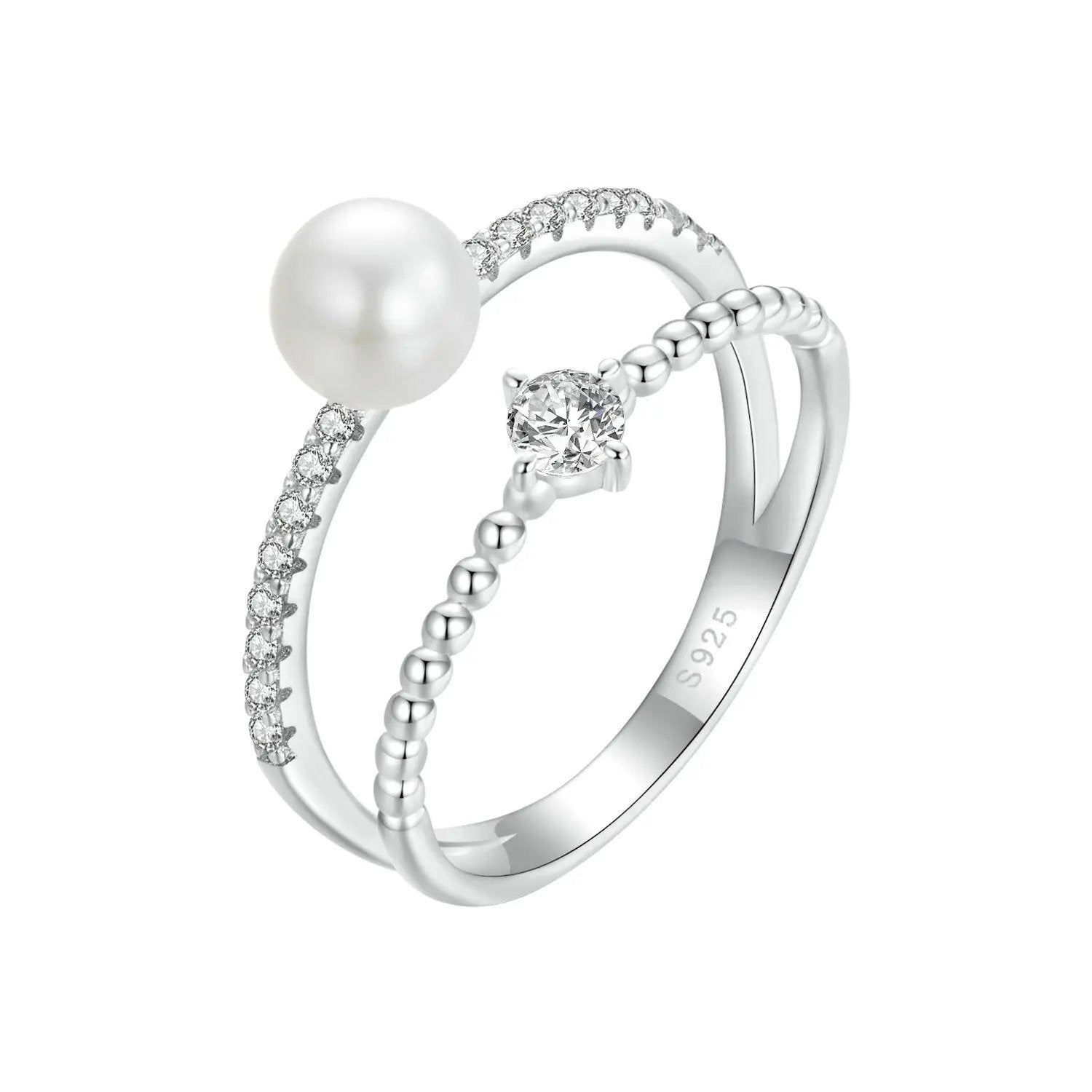Sterling silver 3ring stack with freshwater pearl, moissanite center and pave bands, size 6 on Tampa Home & Garden Store