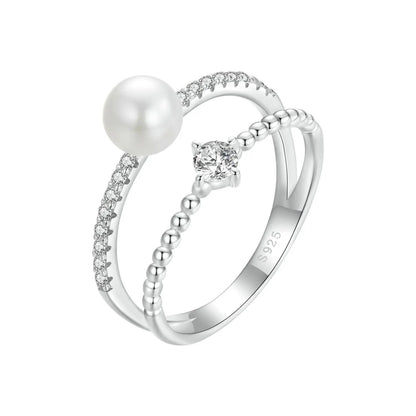 Sterling silver 3ring stack with freshwater pearl, moissanite center and pave bands, size 6 on Tampa Home & Garden Store