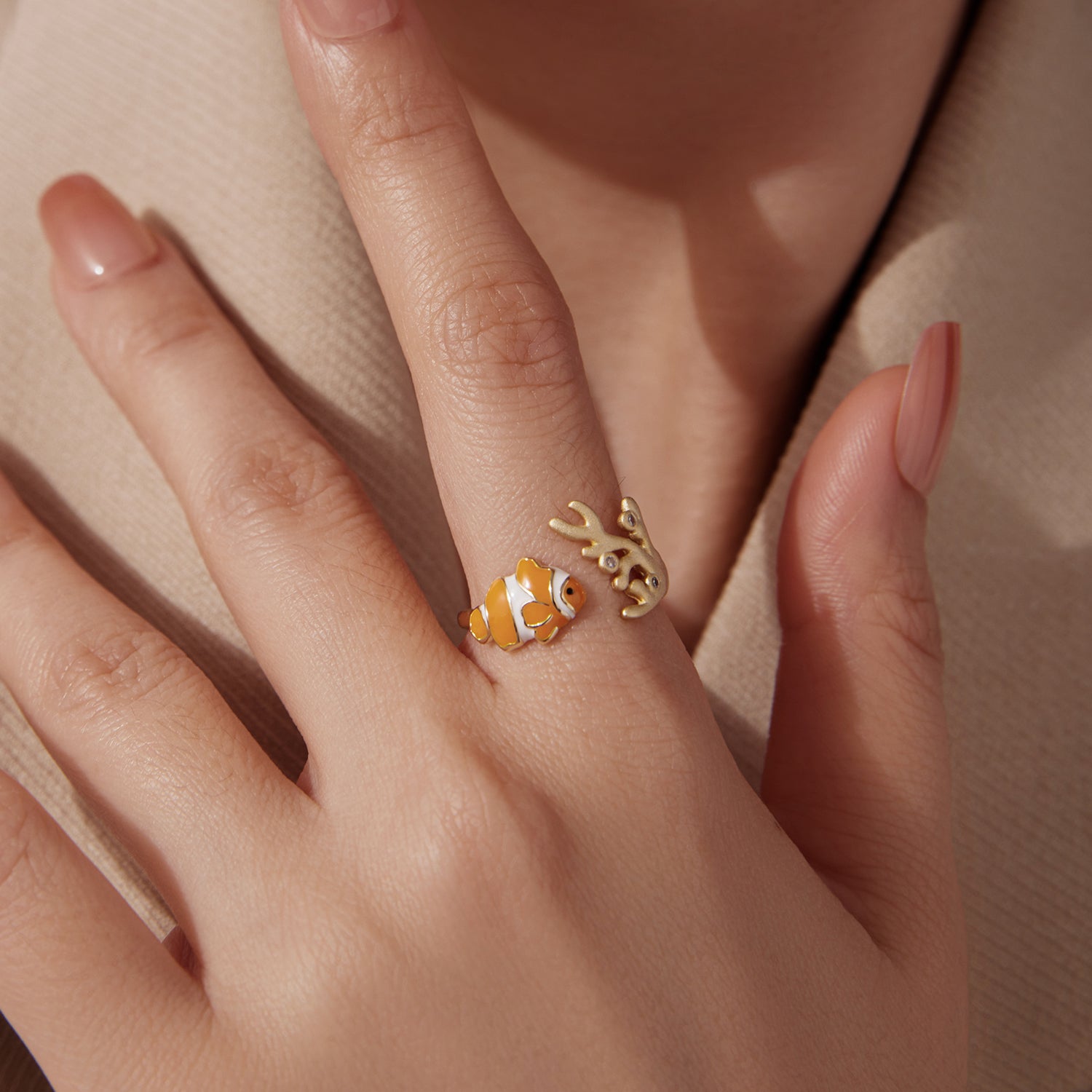 Ring set: 925 sterling silver enamel fish ring and gold-plated branch ring for women on Tampa Home & Garden Store