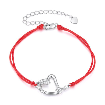 Bracelet red woven cord with silver CZ pavé heart charm and lobster clasp, 15+6cm length on Tampa Home & Garden Store