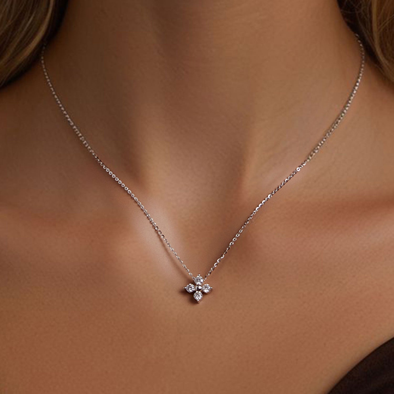 Moissanite necklace, 925 sterling silver & white gold plated with flower pendant, 40+5 cm on Tampa Home & Garden Store