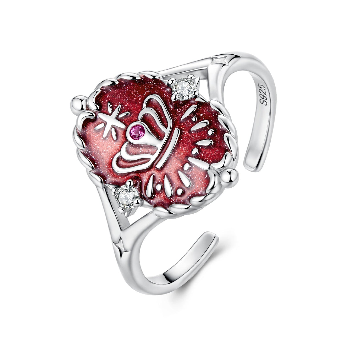 Sterling silver ring with red enamel flower centerpiece, crystal accents and S925 stamp on band on Tampa Home & Garden Store