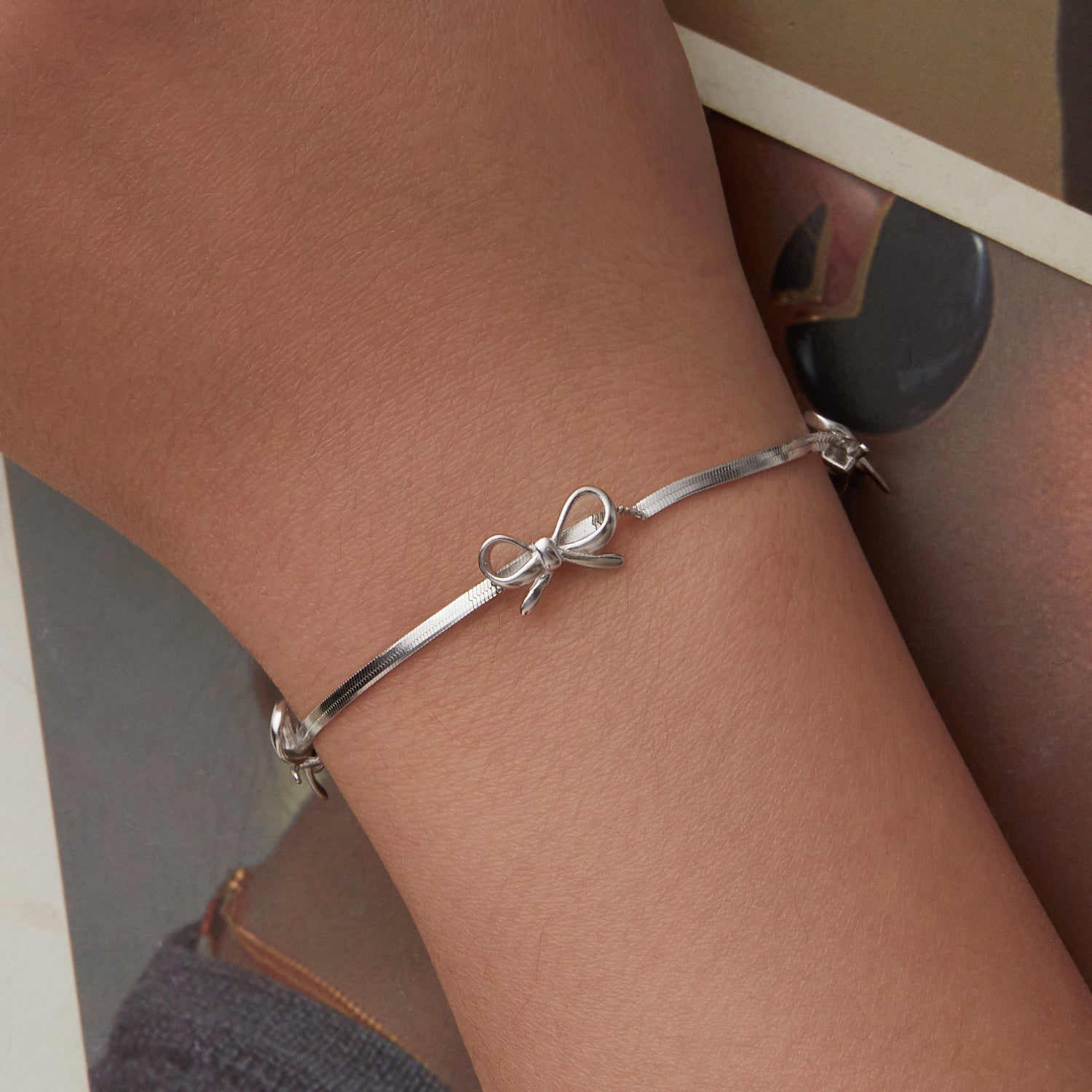 925 Sterling Silver white gold plated adjustable women's bracelet with bow charm on Tampa Home & Garden Store