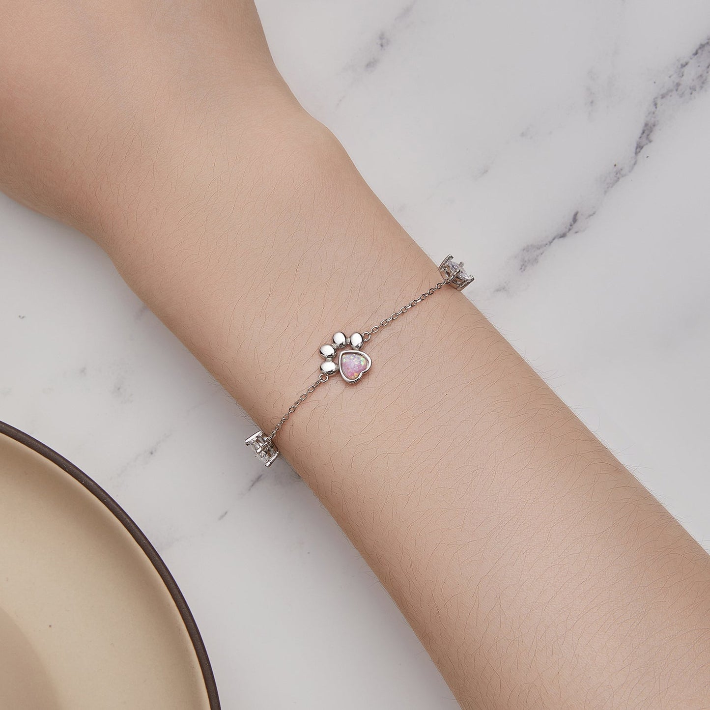 Bracelet, 925 sterling silver with translucent opal heart charm and silver bead accents on delicate chain on Tampa Home & Garden Store