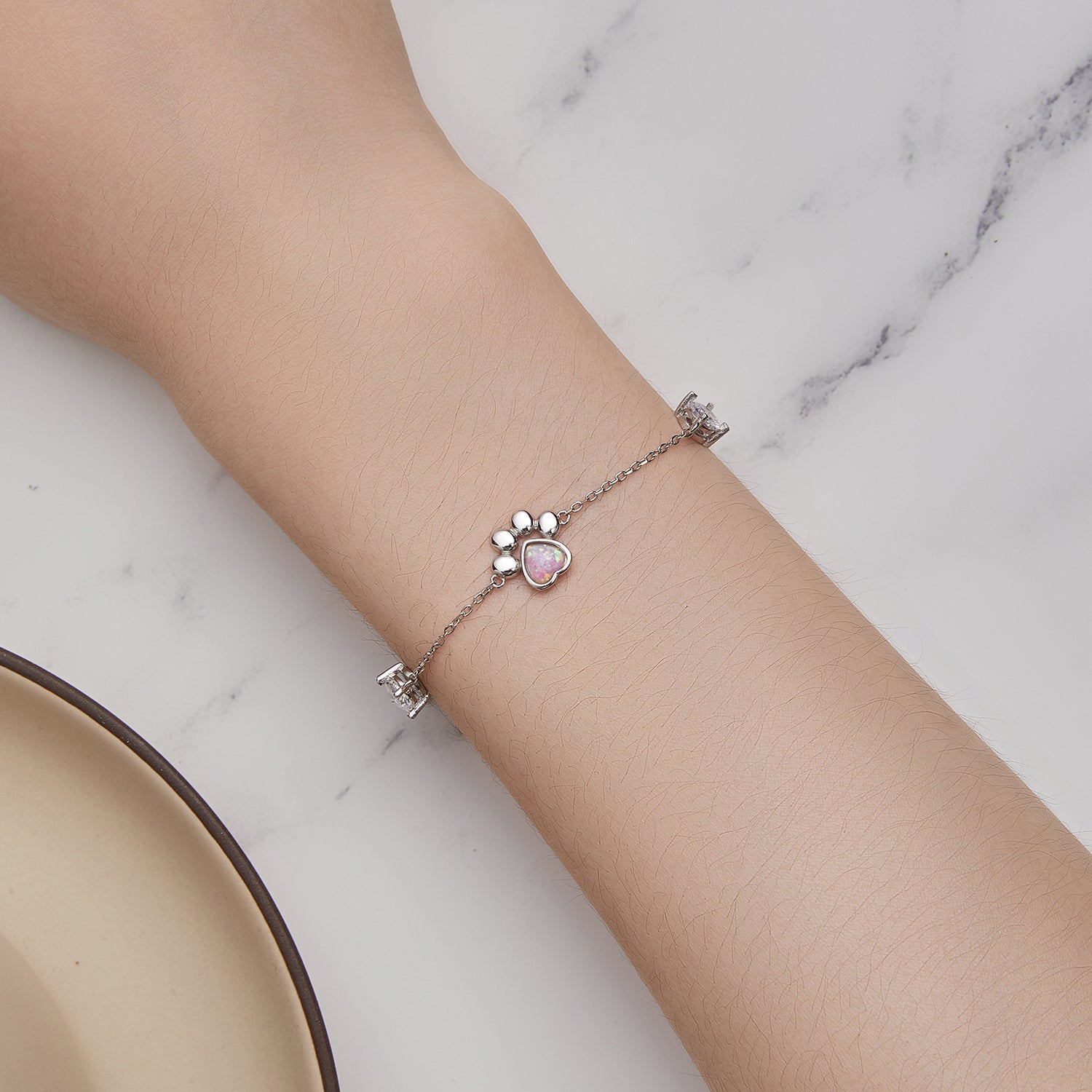 Bracelet, 925 sterling silver with translucent opal heart charm and silver bead accents on delicate chain on Tampa Home & Garden Store