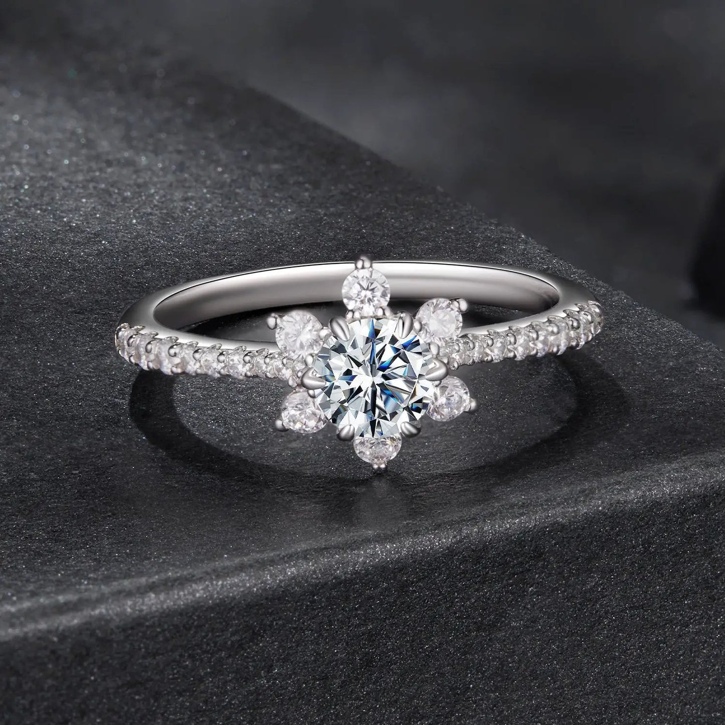 Ring 925 Sterling Silver pavé moissanite with CZ, flower halo center stone, size 6 on Tampa Home & Garden Store