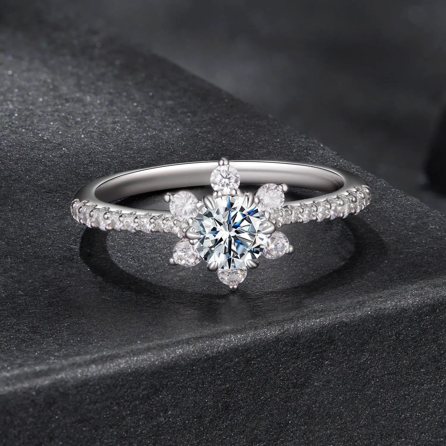 Ring 925 Sterling Silver pavé moissanite with CZ, flower halo center stone, size 6 on Tampa Home & Garden Store