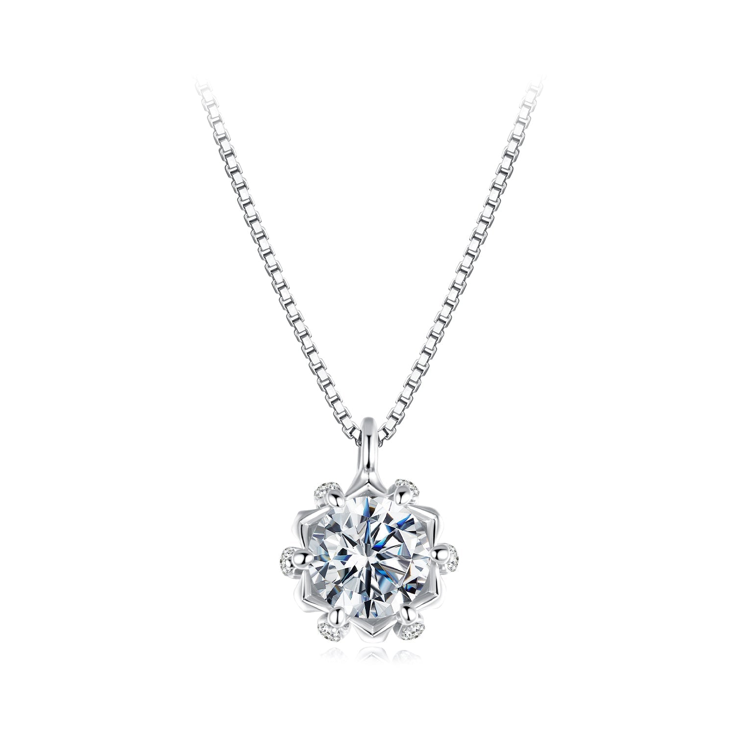 Sterling silver moissanite & CZ pavé necklace with round stone on box chain by Bids.com on Tampa Home & Garden Store