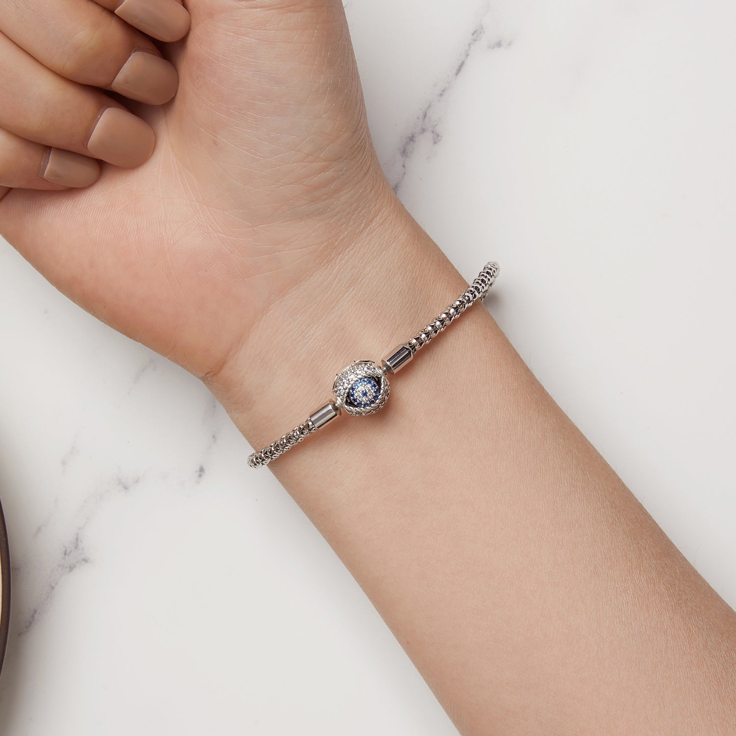 Sterling silver pavé bracelet with oxidized bead and blue CZ centerpiece on a chain for women by Bids.com on Tampa Home & Garden Store