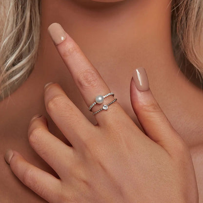 925 Sterling Silver Moissanite Ring with Freshwater Pearl, two stacked rings on finger on Tampa Home & Garden Store