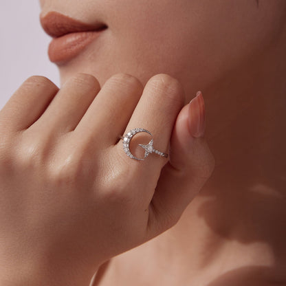 Ring 925 Sterling Silver Moissanite crescent moon with star, white gold plated, size E on Tampa Home & Garden Store